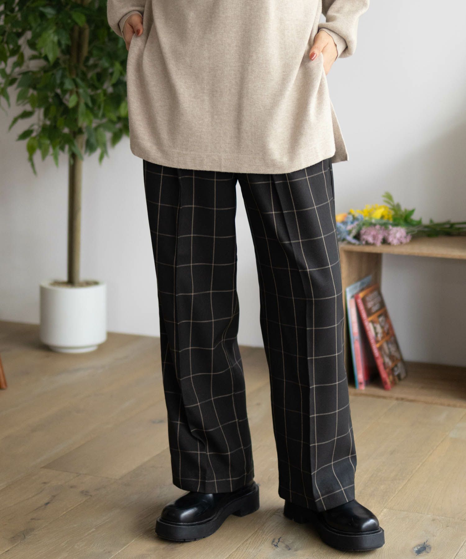 HusHusH チェックワイドパンツ レディース