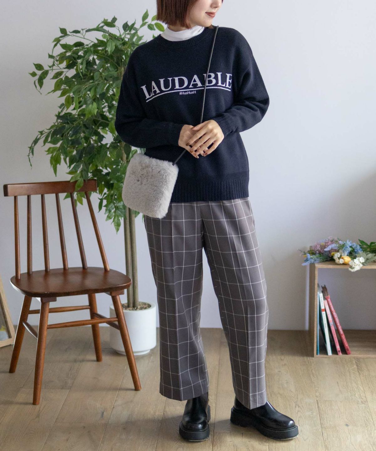 HusHusH チェックワイドパンツ レディース