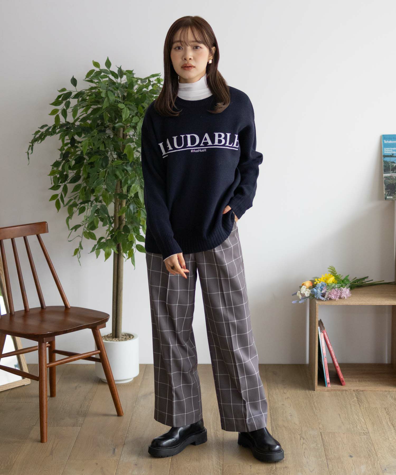 HusHusH チェックワイドパンツ レディース