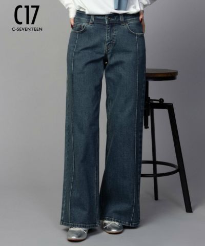 C17  タックワイドバギーデニムパンツ レディース