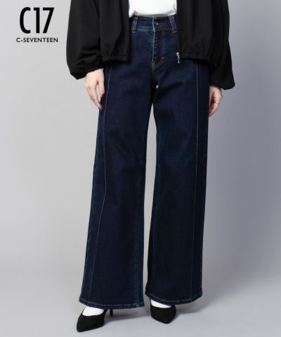 C17  タックワイドバギーデニムパンツ レディース