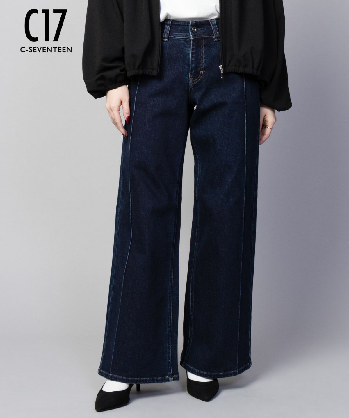 C17 タックワイドバギーデニムパンツ レディース