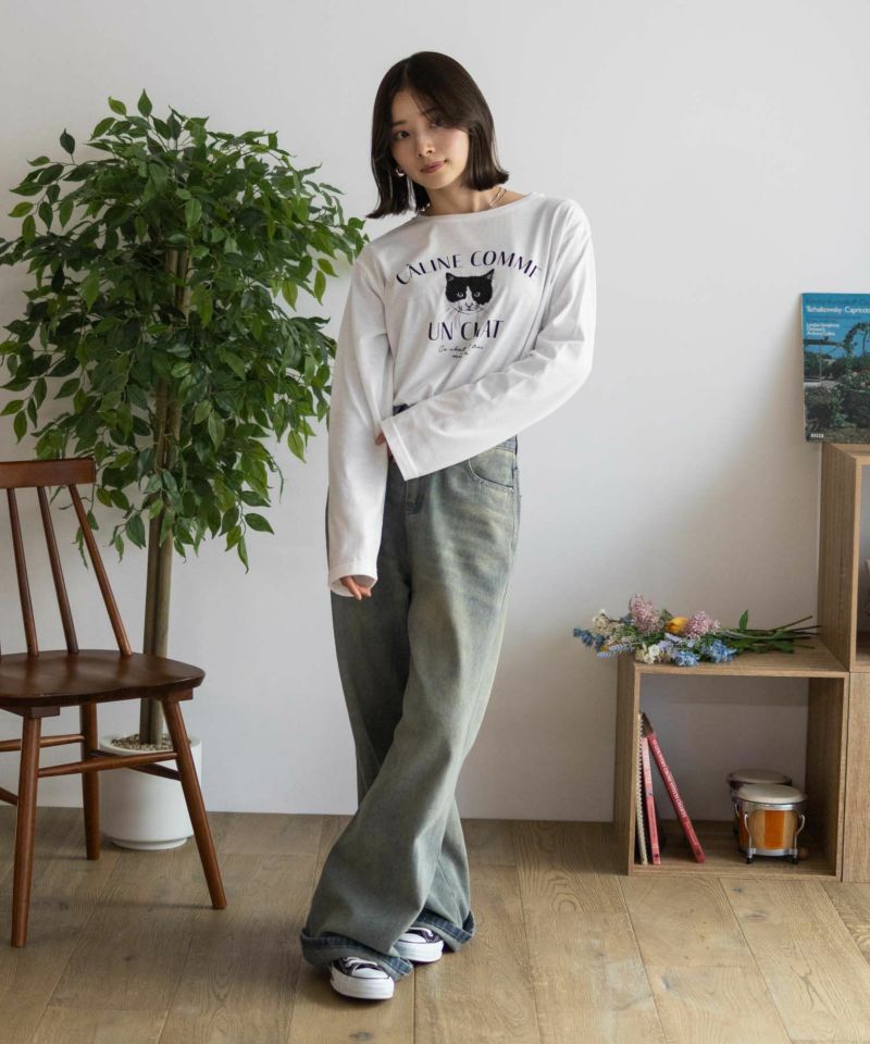 nAvy 猫プリント長袖Tシャツ レディース
