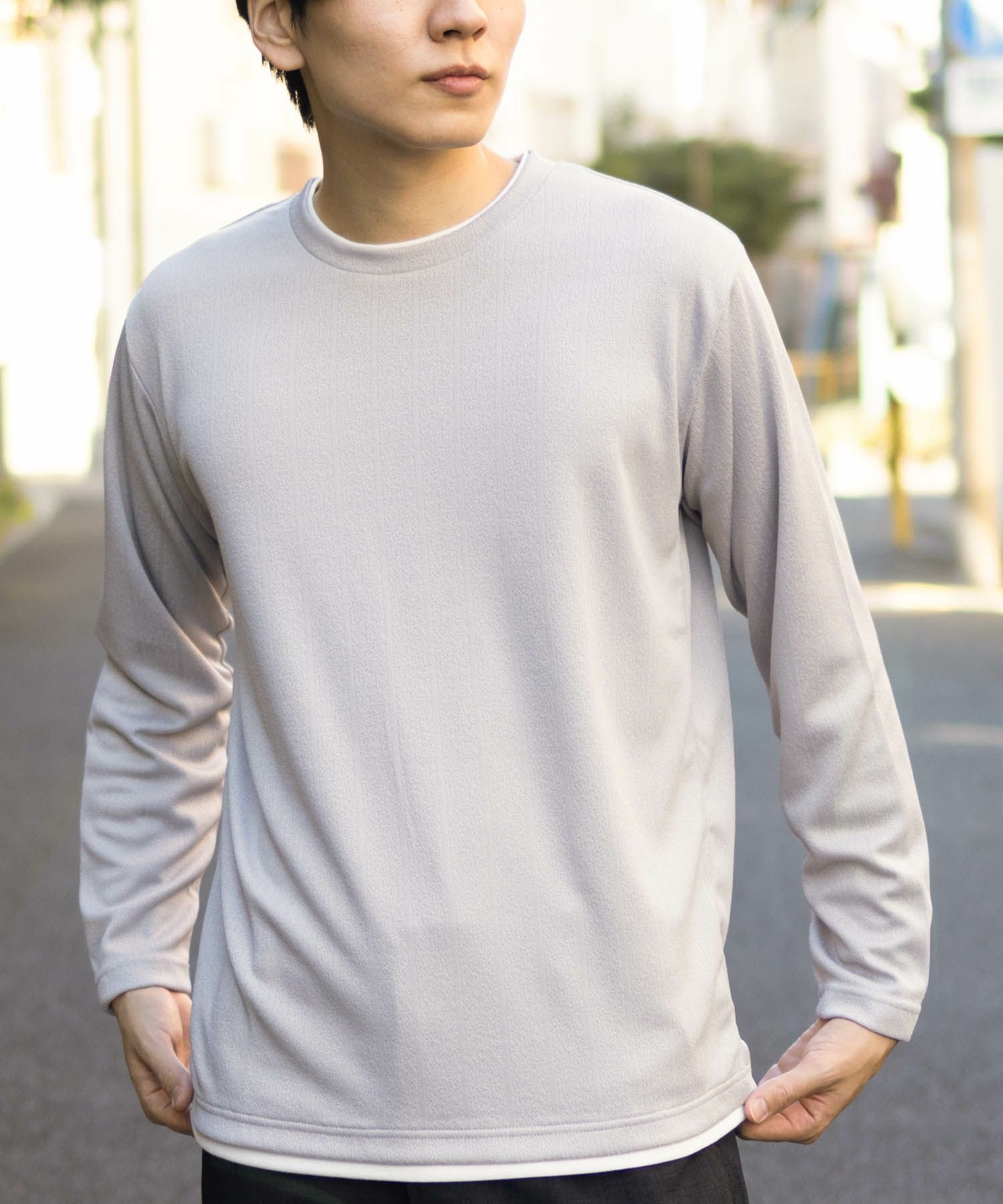 NAVY  ストライプフェイクレイヤード長袖Tシャツ メンズ商品画像-1