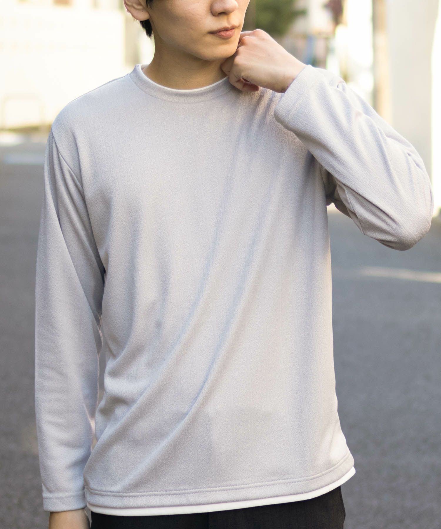 NAVY ストライプフェイクレイヤード長袖Tシャツ メンズ