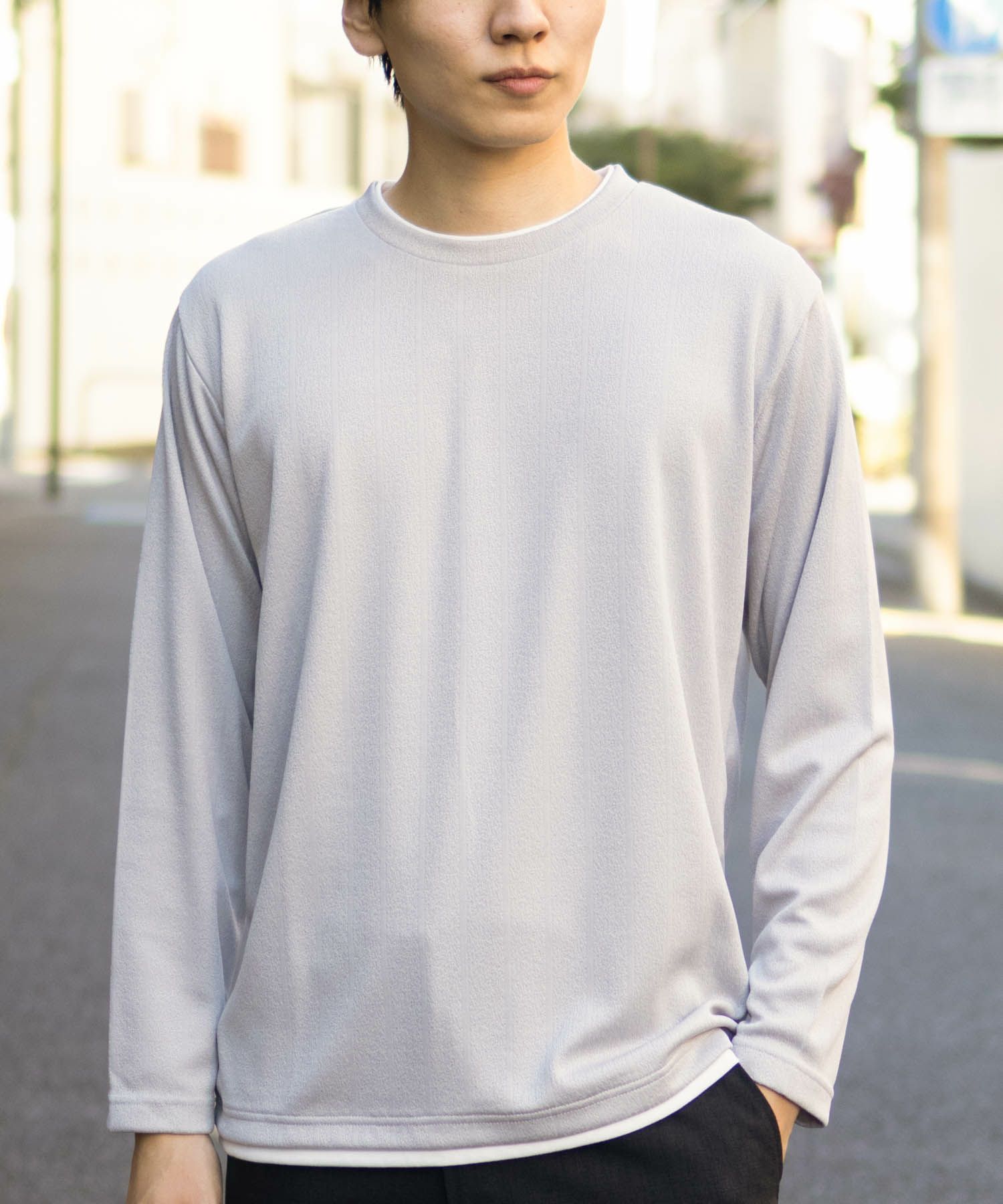 NAVY ストライプフェイクレイヤード長袖Tシャツ メンズ