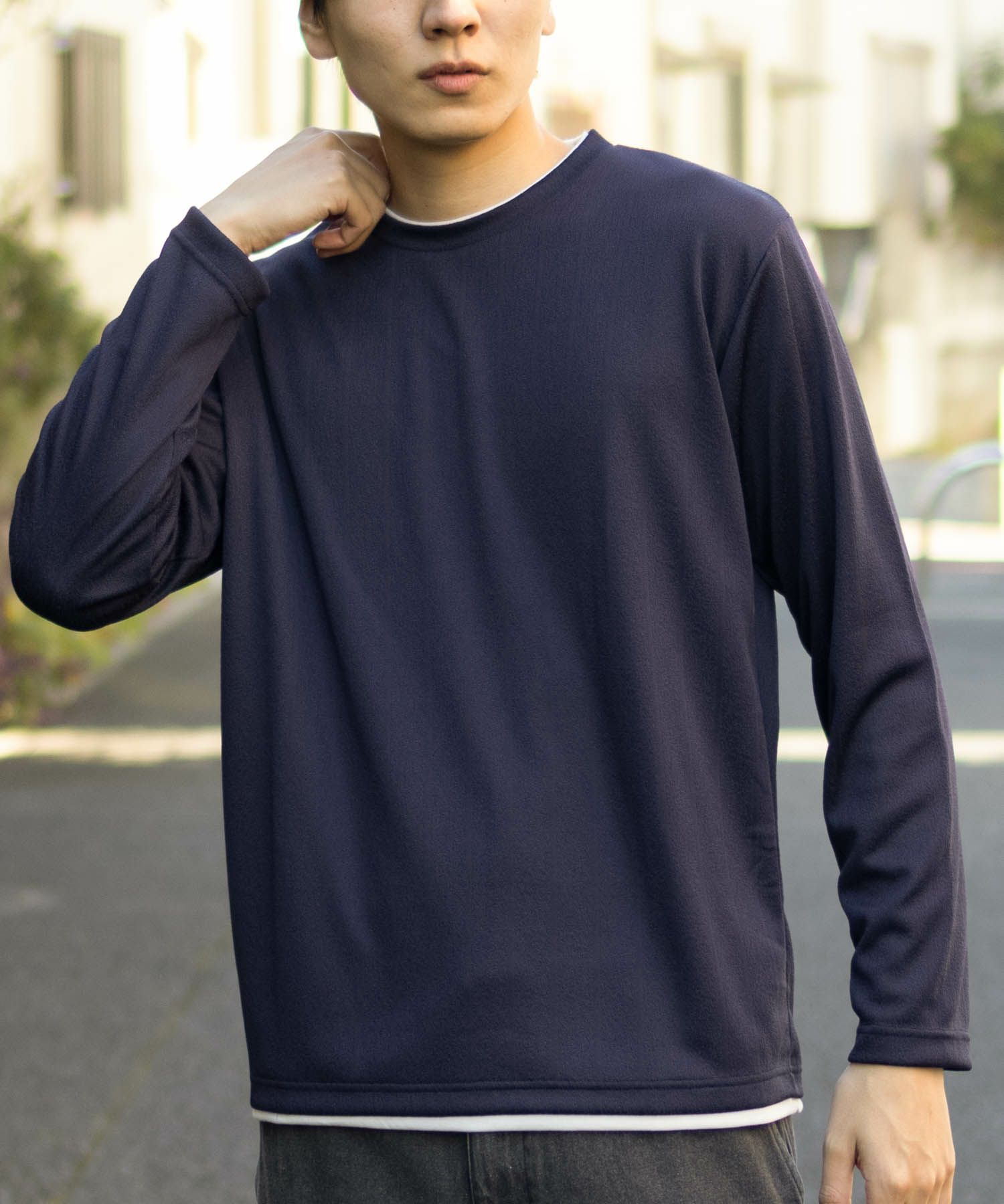 NAVY ストライプフェイクレイヤード長袖Tシャツ メンズ