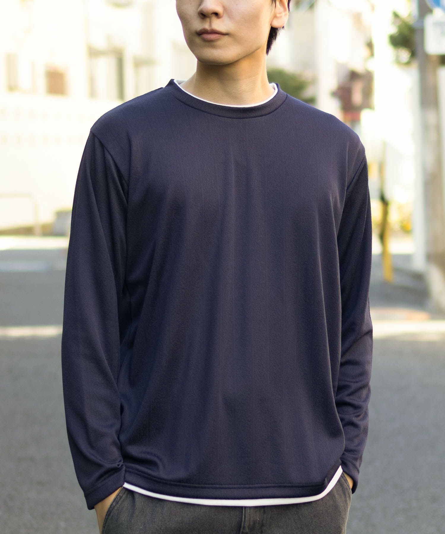 NAVY ストライプフェイクレイヤード長袖Tシャツ メンズ