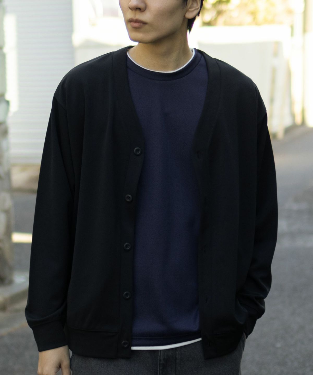 NAVY ストライプフェイクレイヤード長袖Tシャツ メンズ