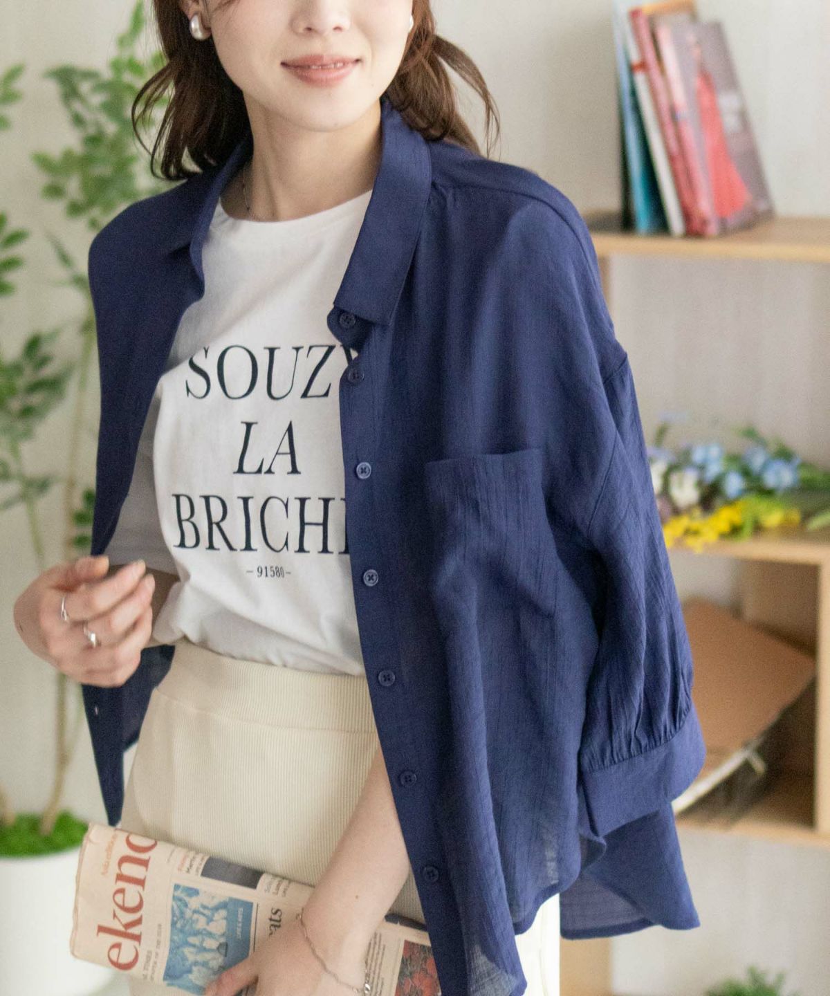 nAvy スラブ前開き7分袖シャツ レディース