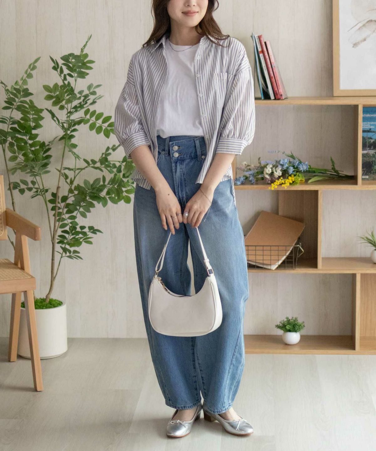 nAvy スラブ前開き7分袖シャツ レディース