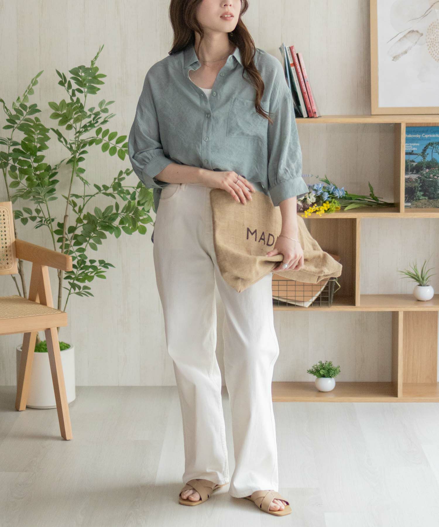 nAvy スラブ前開き7分袖シャツ レディース