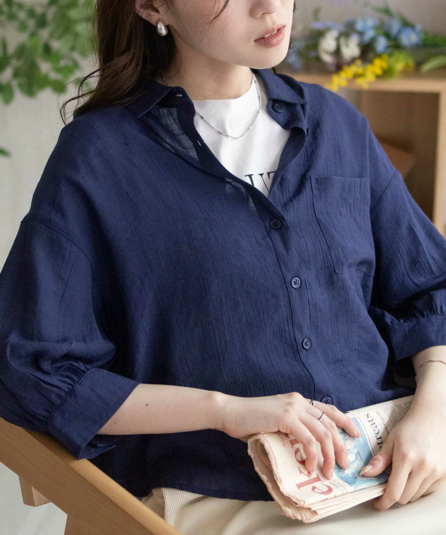 nAvy スラブ前開き7分袖シャツ レディース