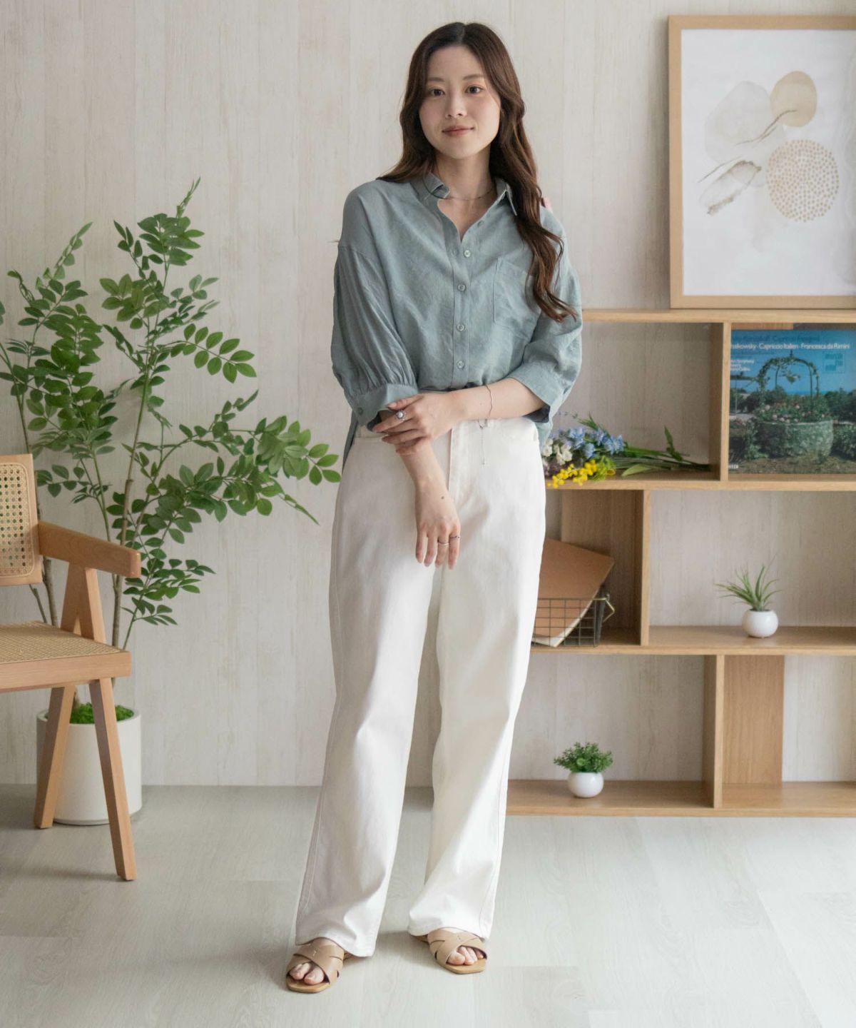 nAvy スラブ前開き7分袖シャツ レディース