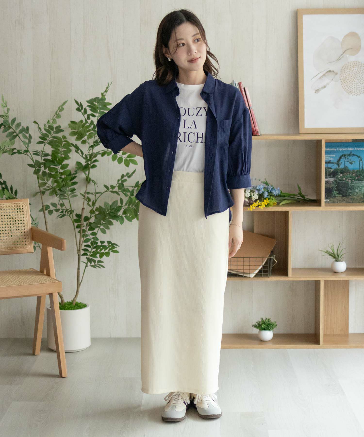 nAvy スラブ前開き7分袖シャツ レディース