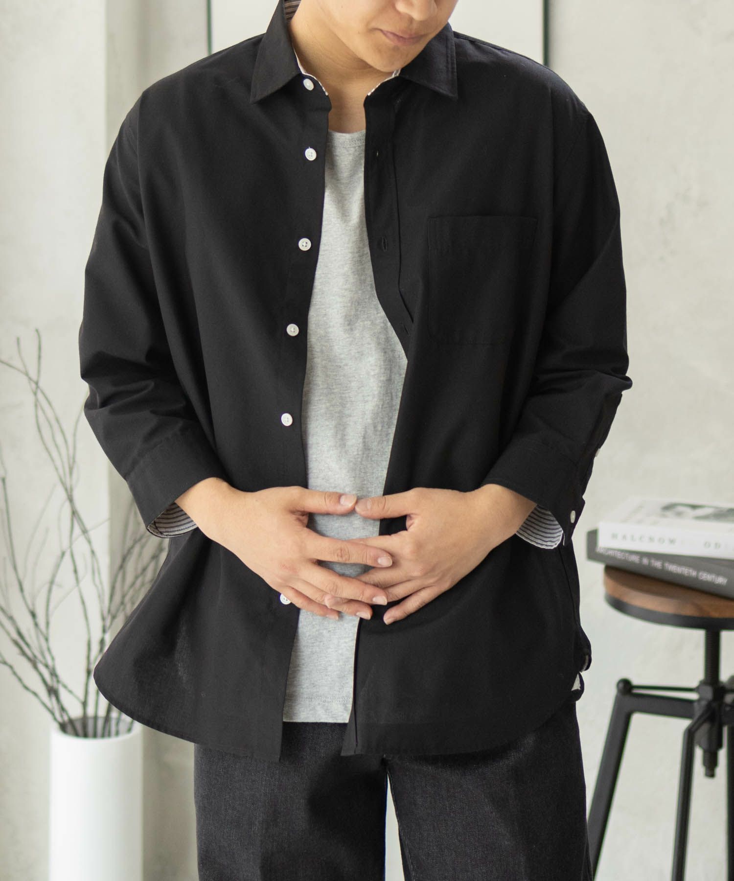 NAVY COOLMAX リネン七分袖シャツ メンズ