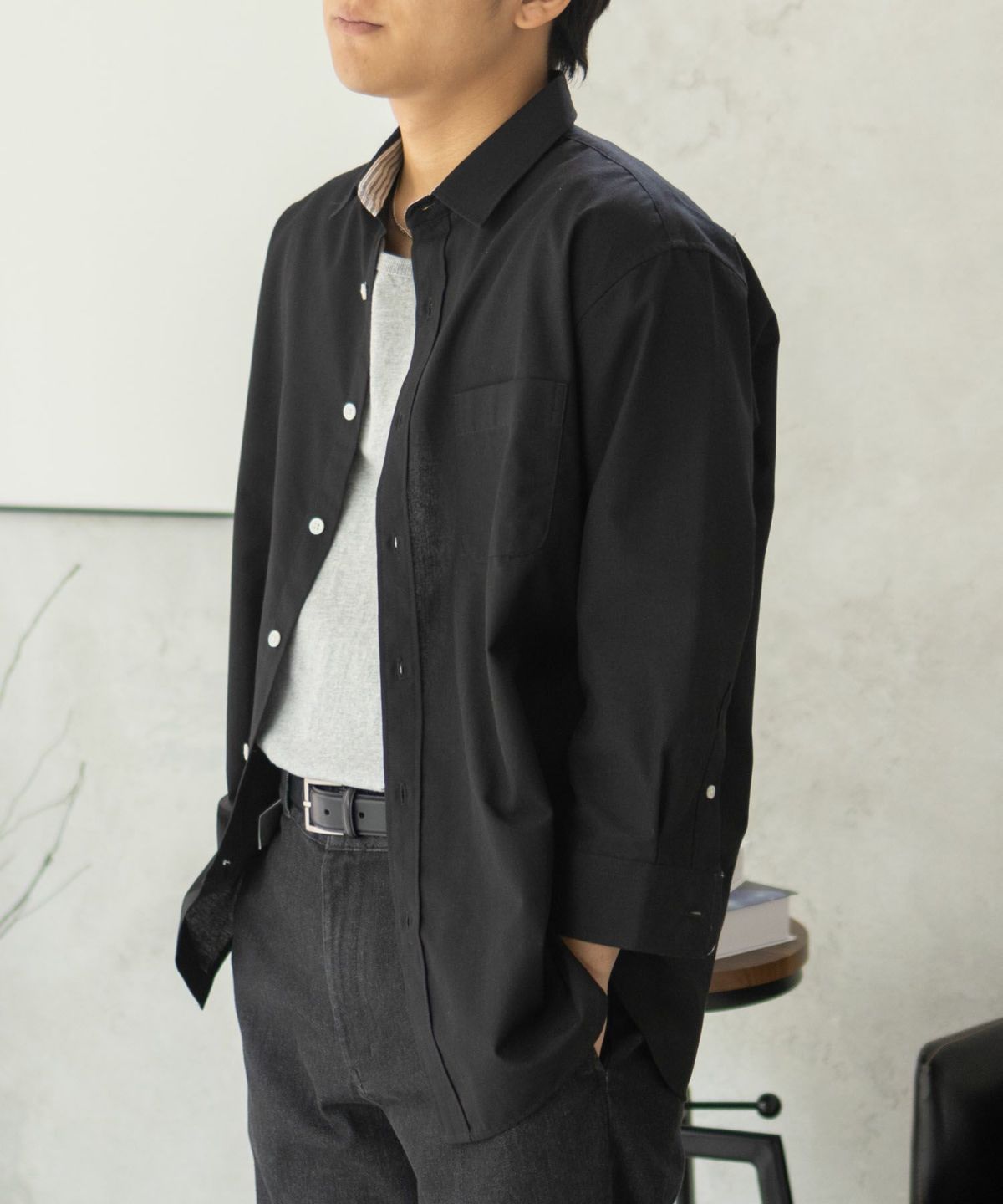 NAVY COOLMAX リネン七分袖シャツ メンズ