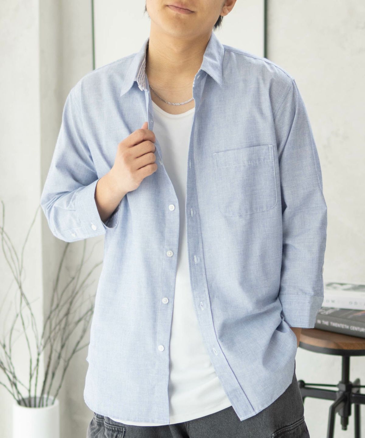 NAVY COOLMAX リネン七分袖シャツ メンズ