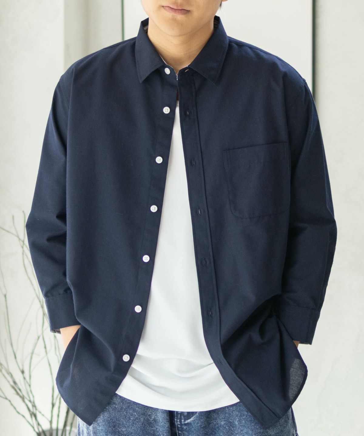 NAVY COOLMAX リネン七分袖シャツ メンズ