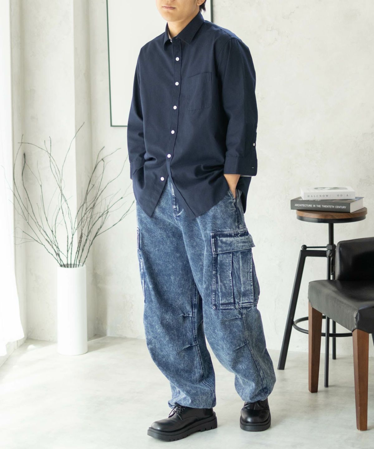 NAVY COOLMAX リネン七分袖シャツ メンズ