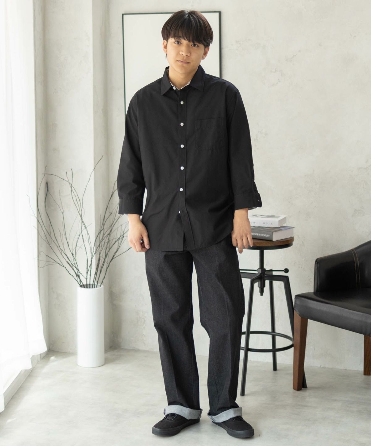 NAVY COOLMAX リネン七分袖シャツ メンズ