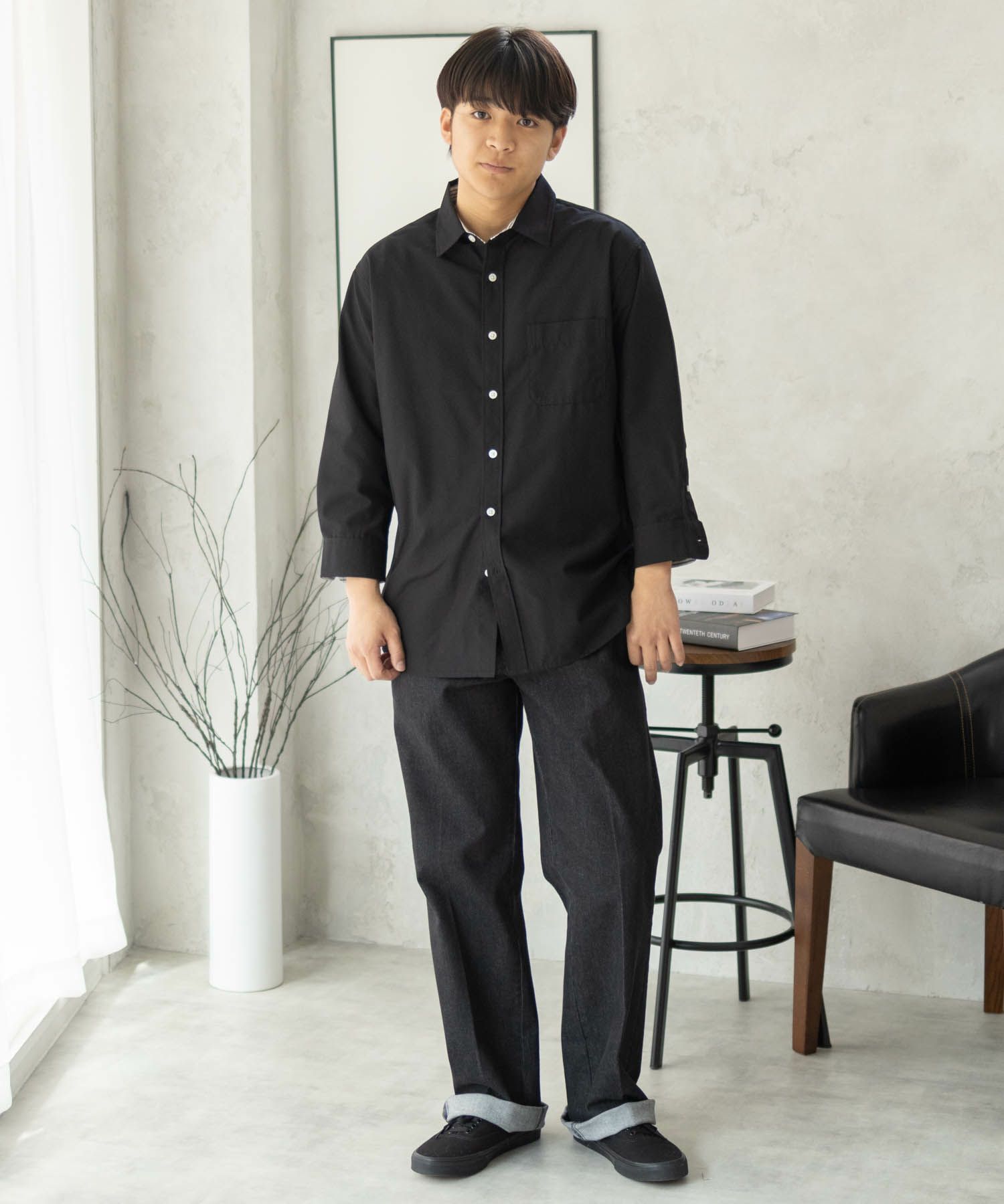 NAVY COOLMAX リネン七分袖シャツ メンズ