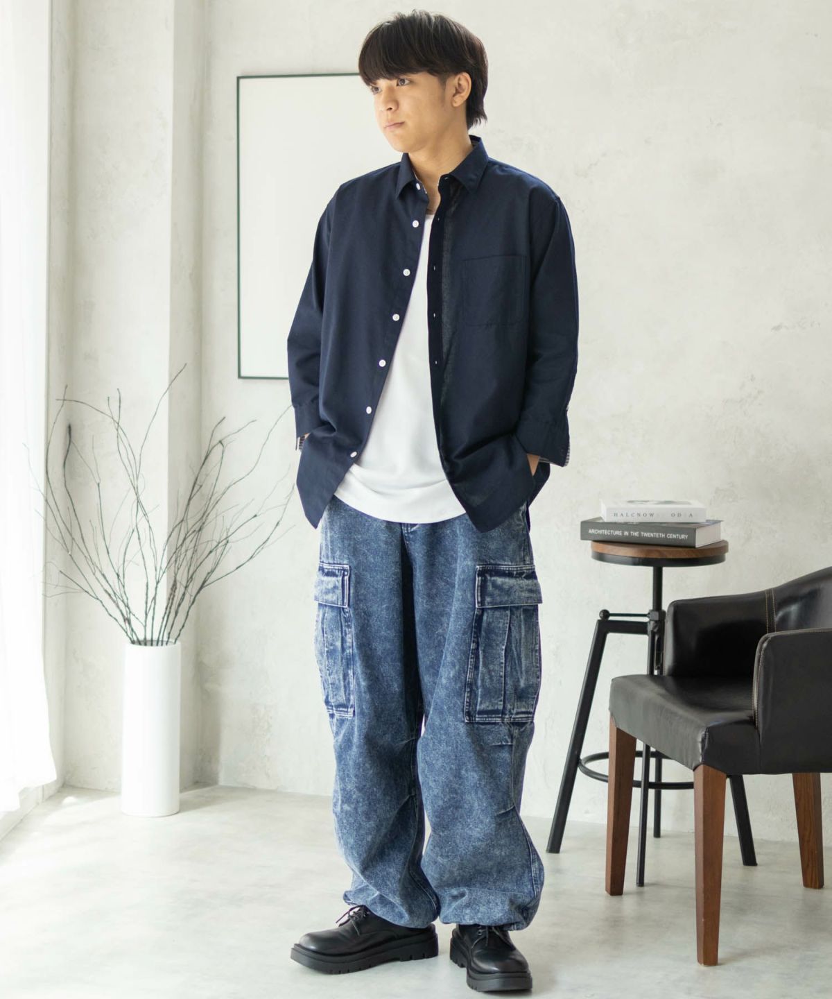 NAVY COOLMAX リネン七分袖シャツ メンズ