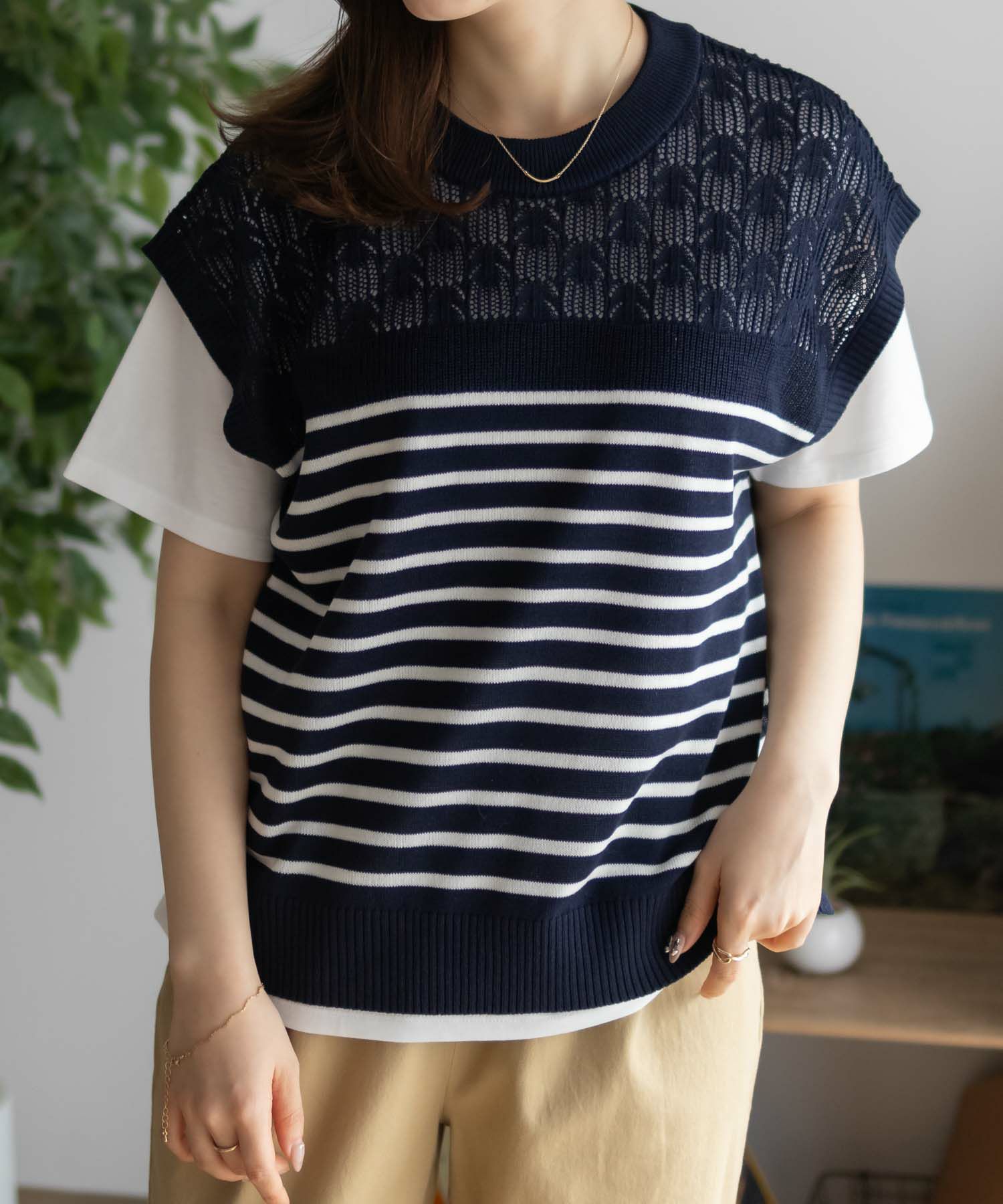 NAVY パネルボーダーニットアンサンブル レディース