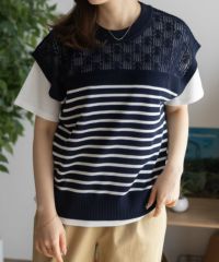 NAVY パネルボーダーニットアンサンブル レディース