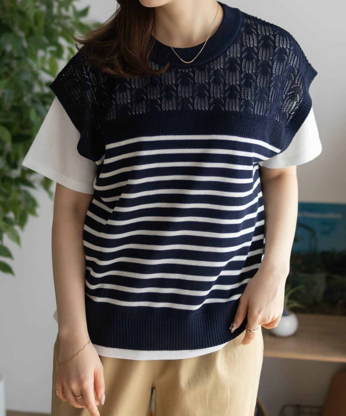 NAVY パネルボーダーニットアンサンブル レディース