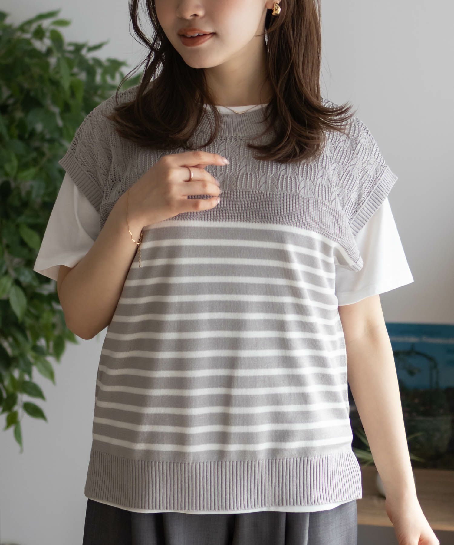 NAVY パネルボーダーニットアンサンブル レディース商品画像-2