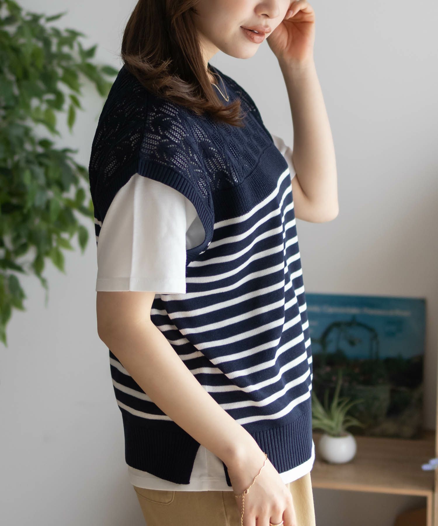 NAVY パネルボーダーニットアンサンブル レディース