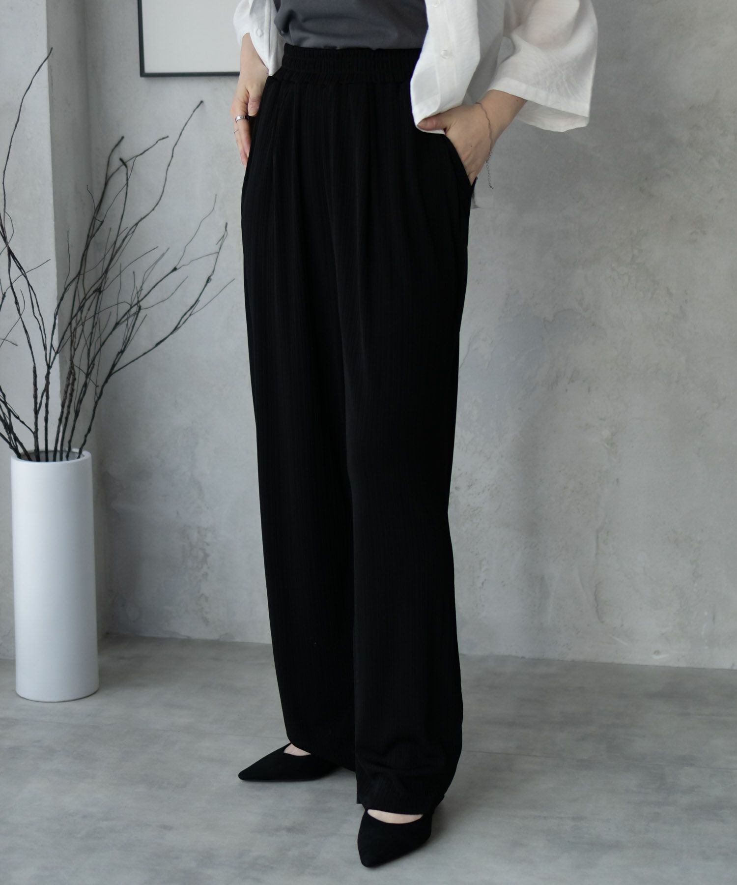 NAVY カットリブワイドパンツ レディース