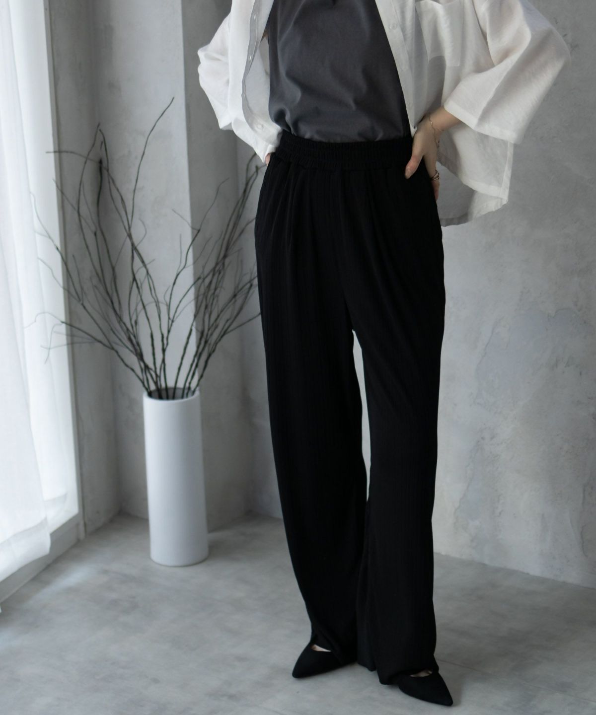 NAVY カットリブワイドパンツ レディース