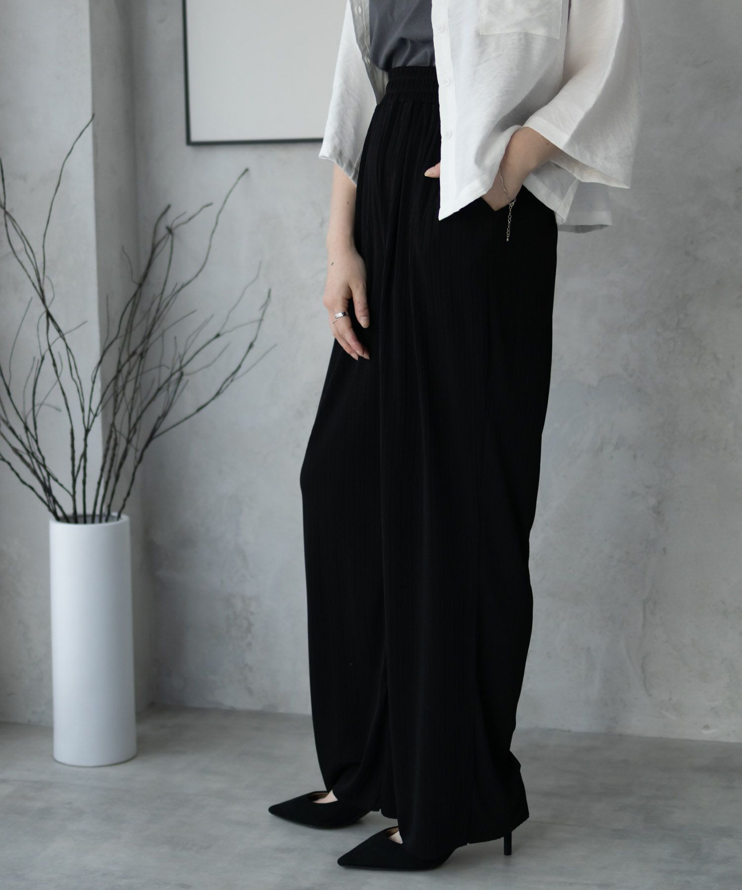 NAVY カットリブワイドパンツ レディース