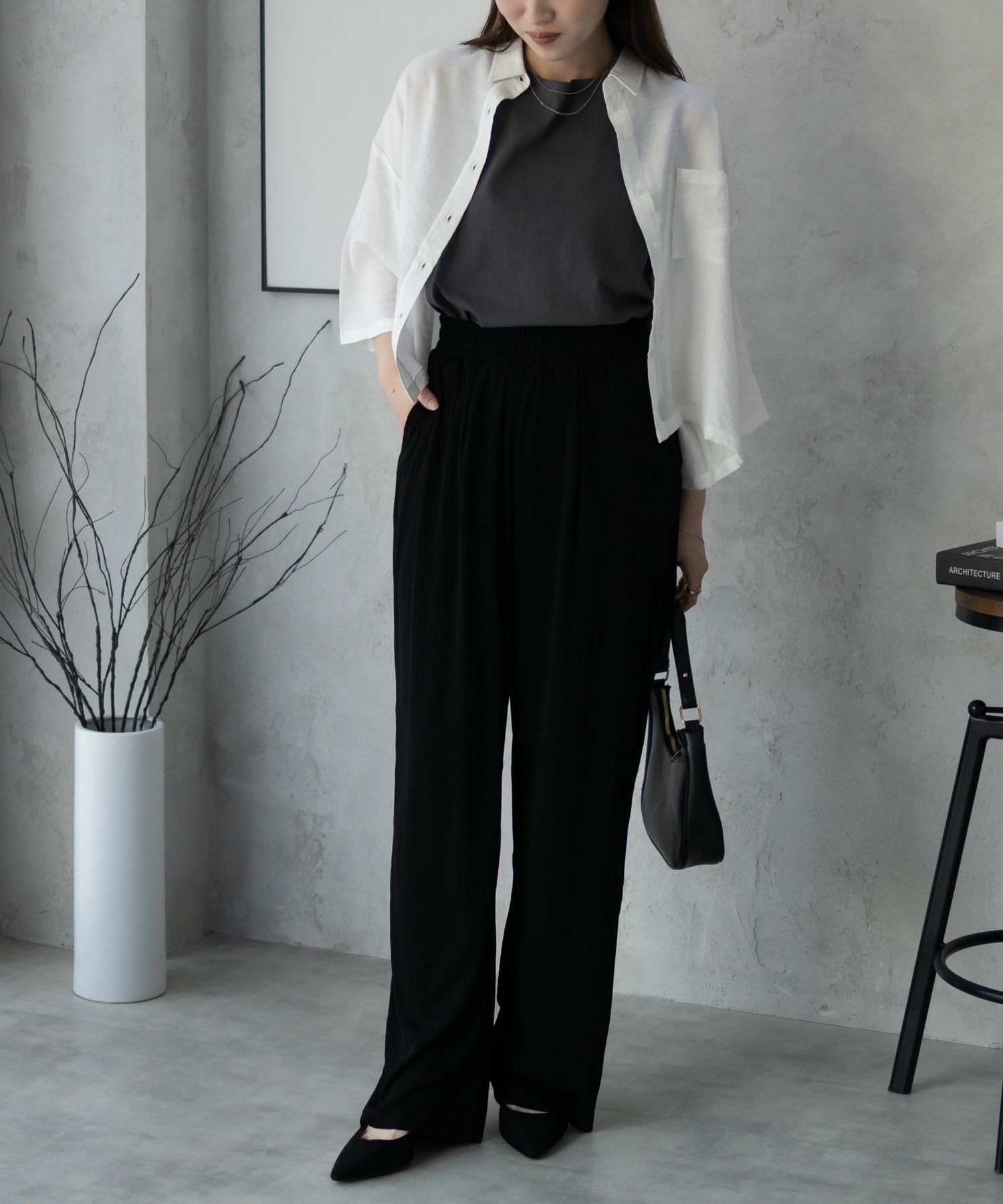 NAVY カットリブワイドパンツ レディース