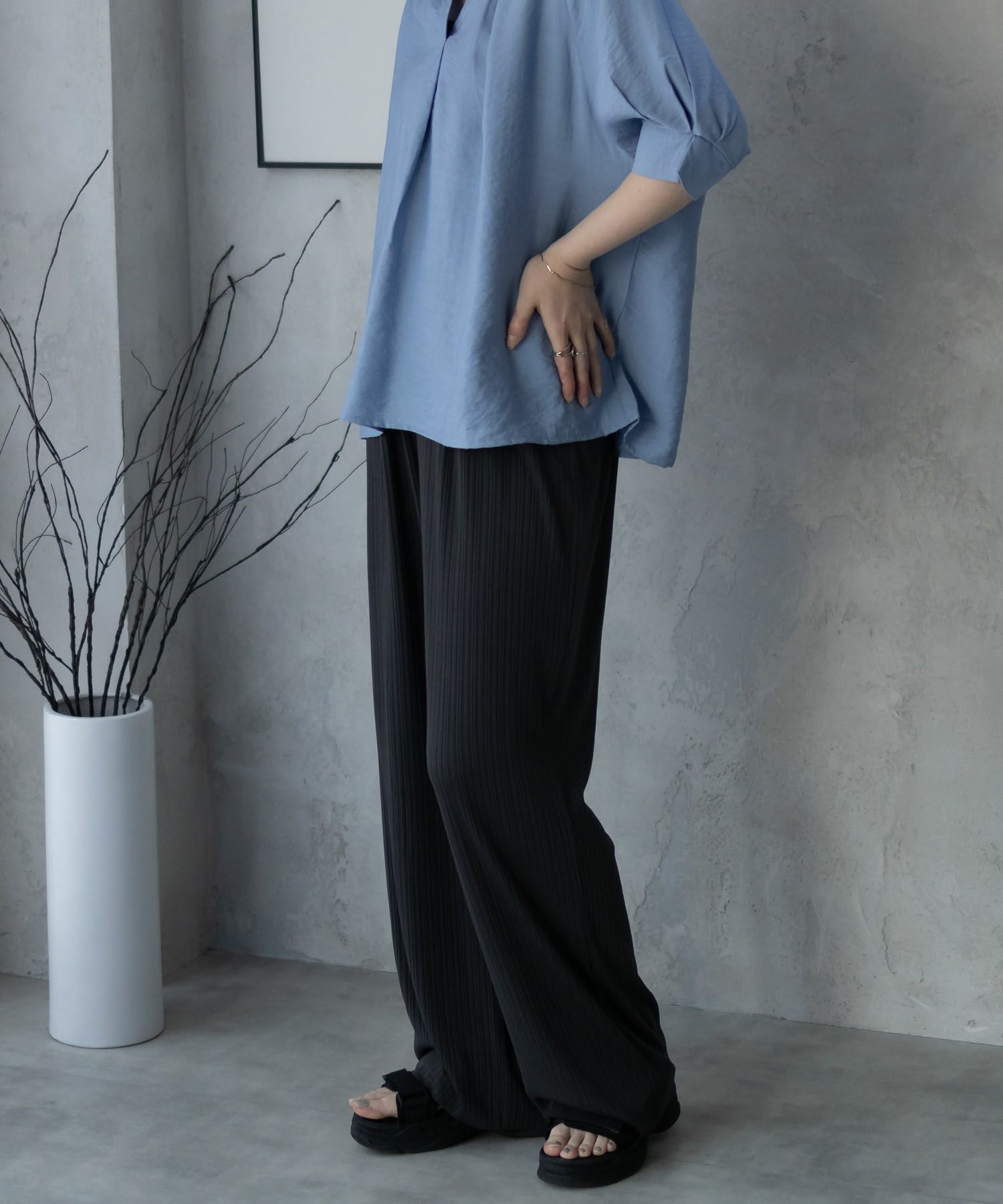 NAVY カットリブワイドパンツ レディース