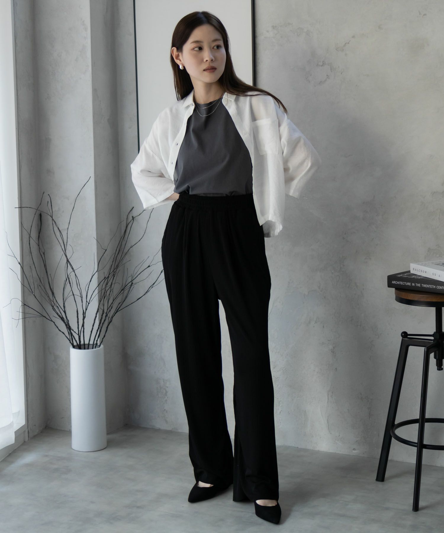 NAVY カットリブワイドパンツ レディース