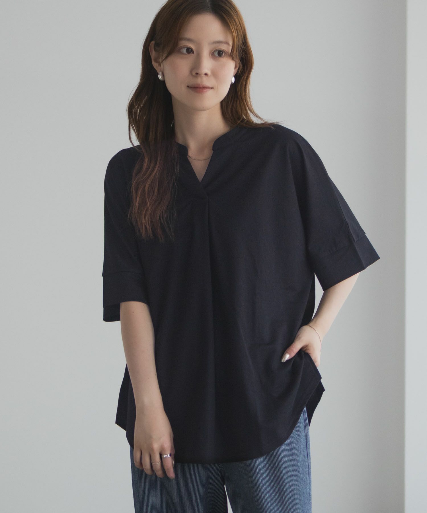 nAvy SARARI スキッパー5分袖ブラウス レディース
