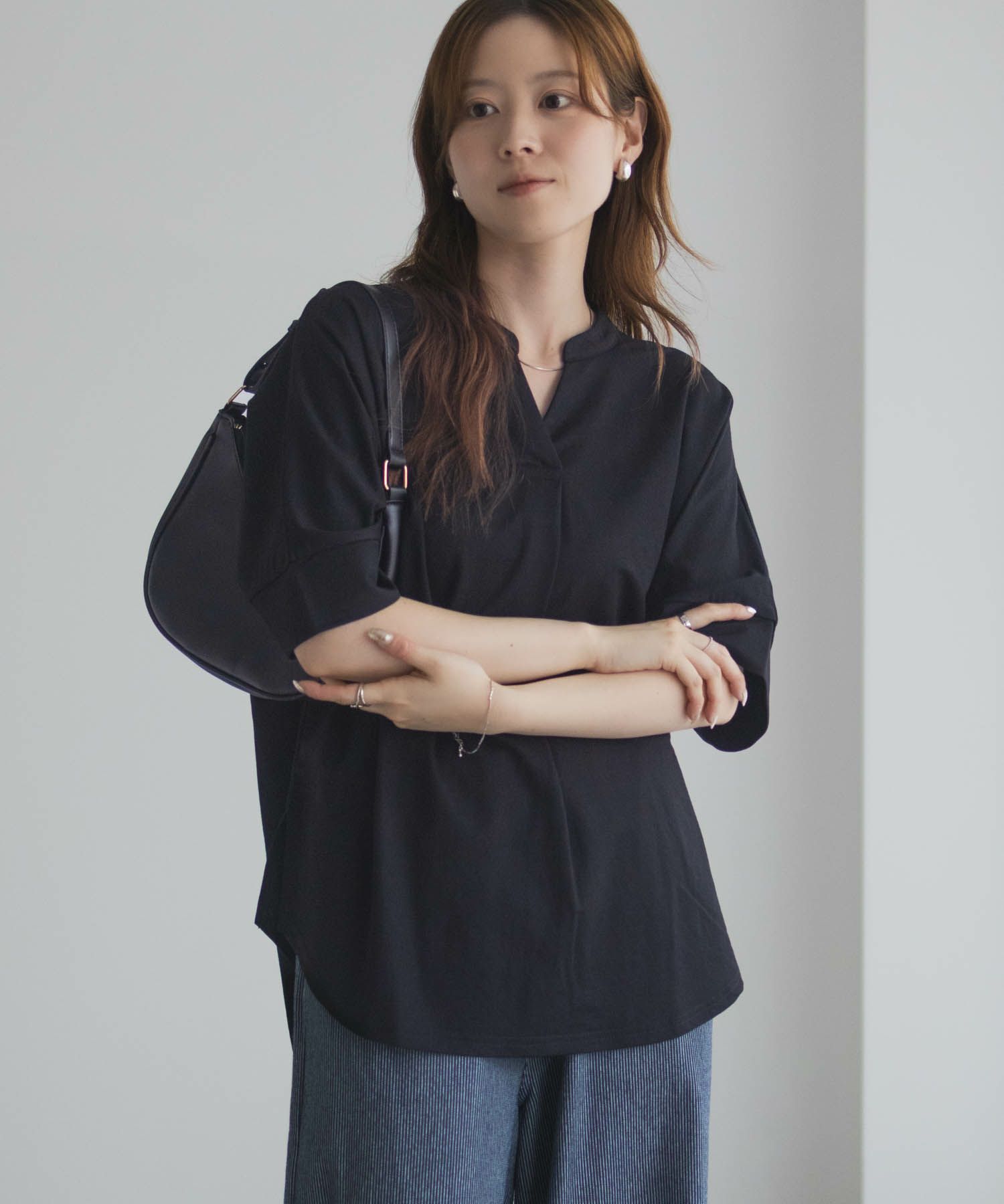 nAvy SARARI スキッパー5分袖ブラウス レディース