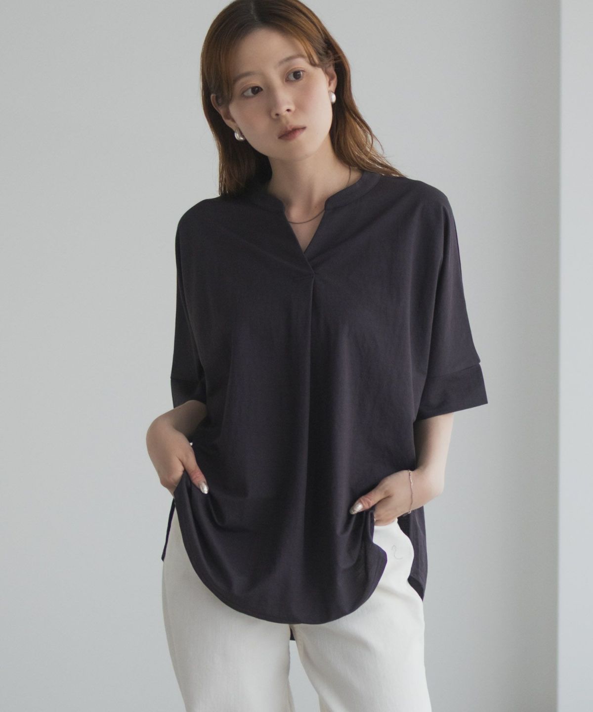 nAvy SARARI スキッパー5分袖ブラウス レディース