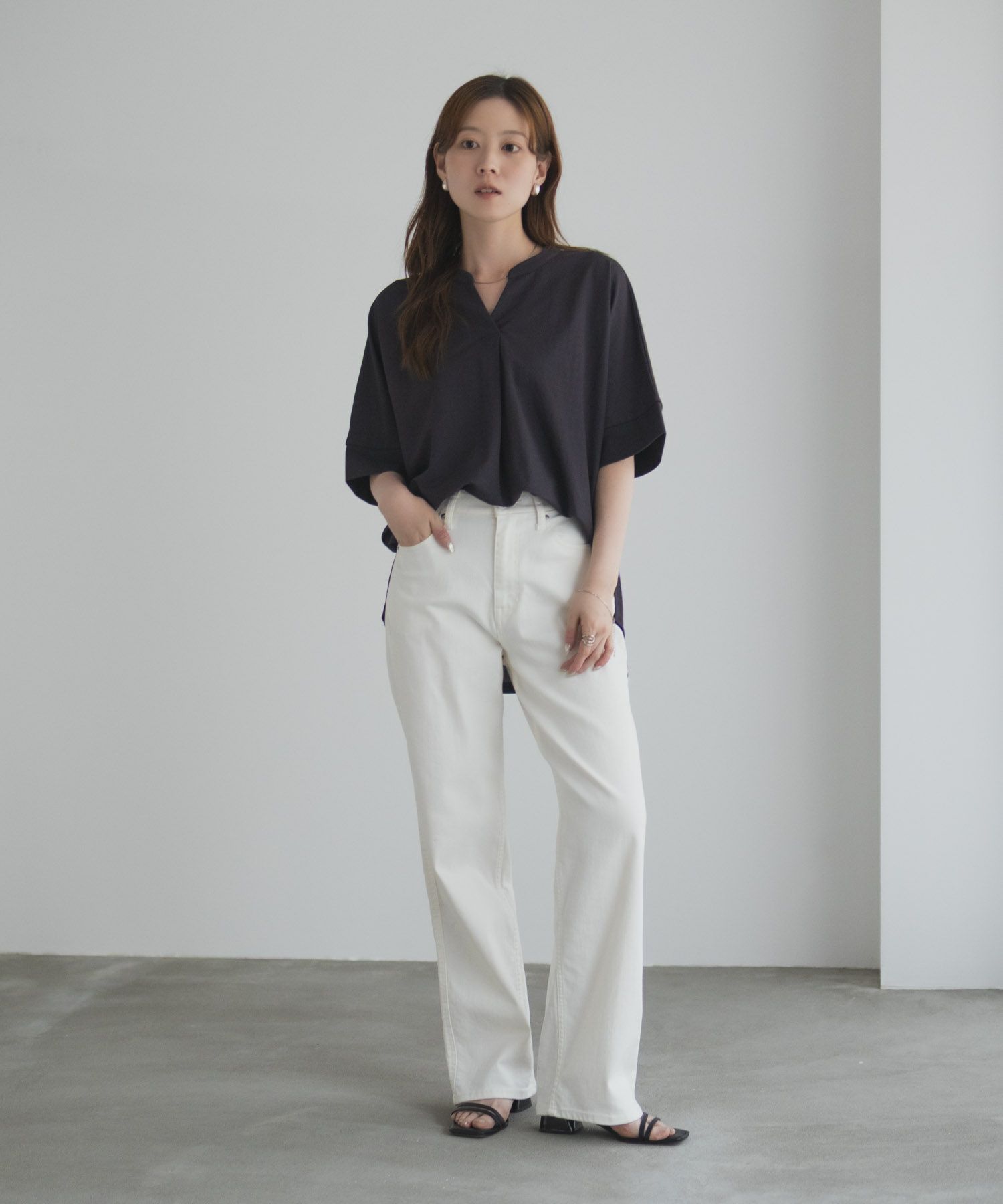 nAvy SARARI スキッパー5分袖ブラウス レディース