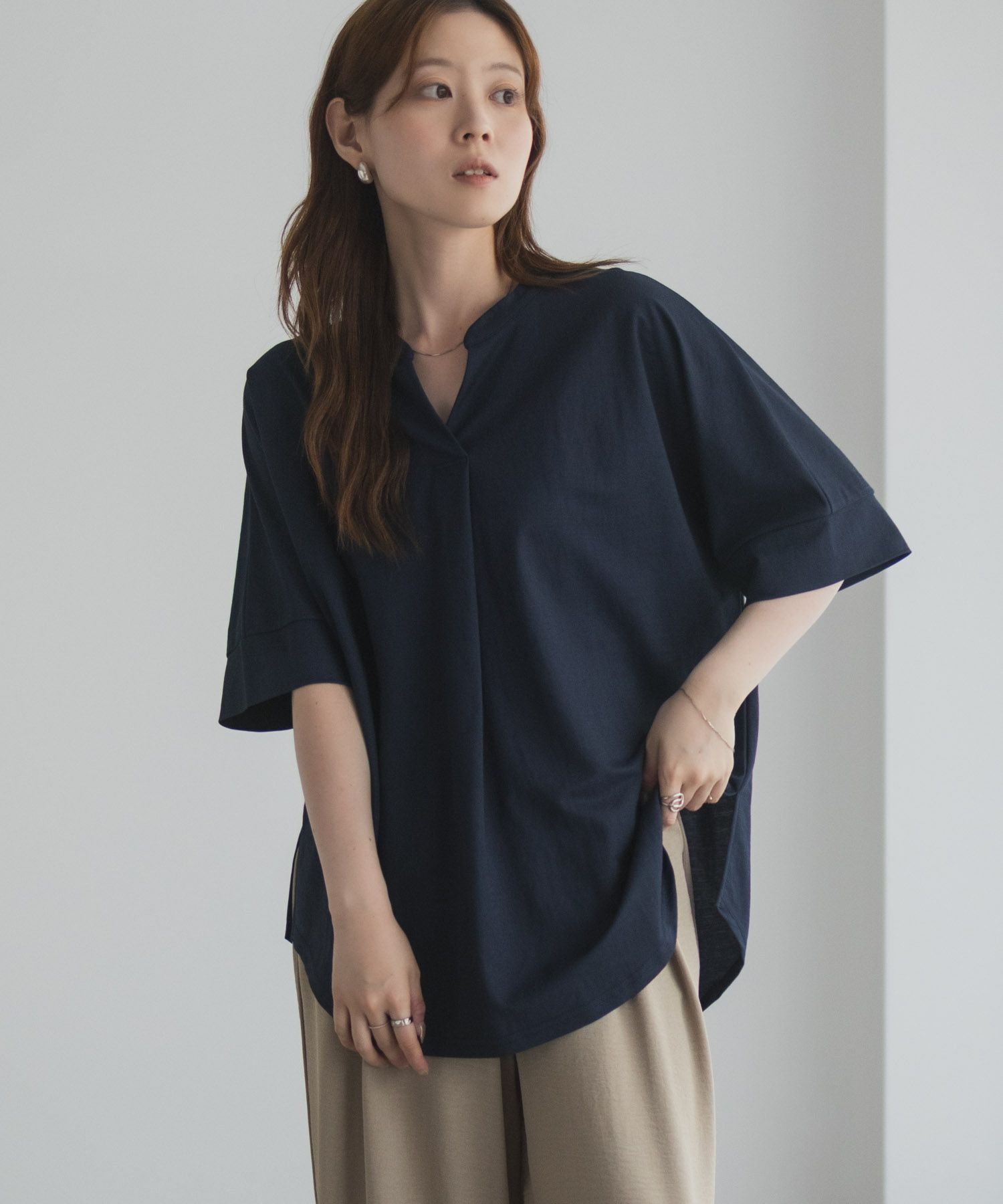 nAvy SARARI スキッパー5分袖ブラウス レディース