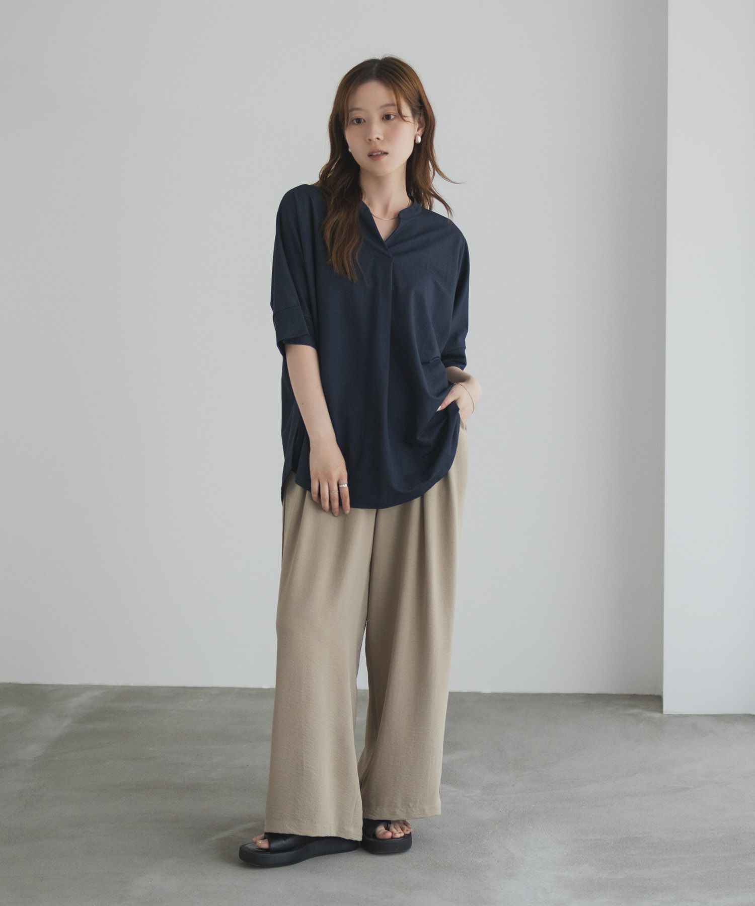 nAvy SARARI スキッパー5分袖ブラウス レディース