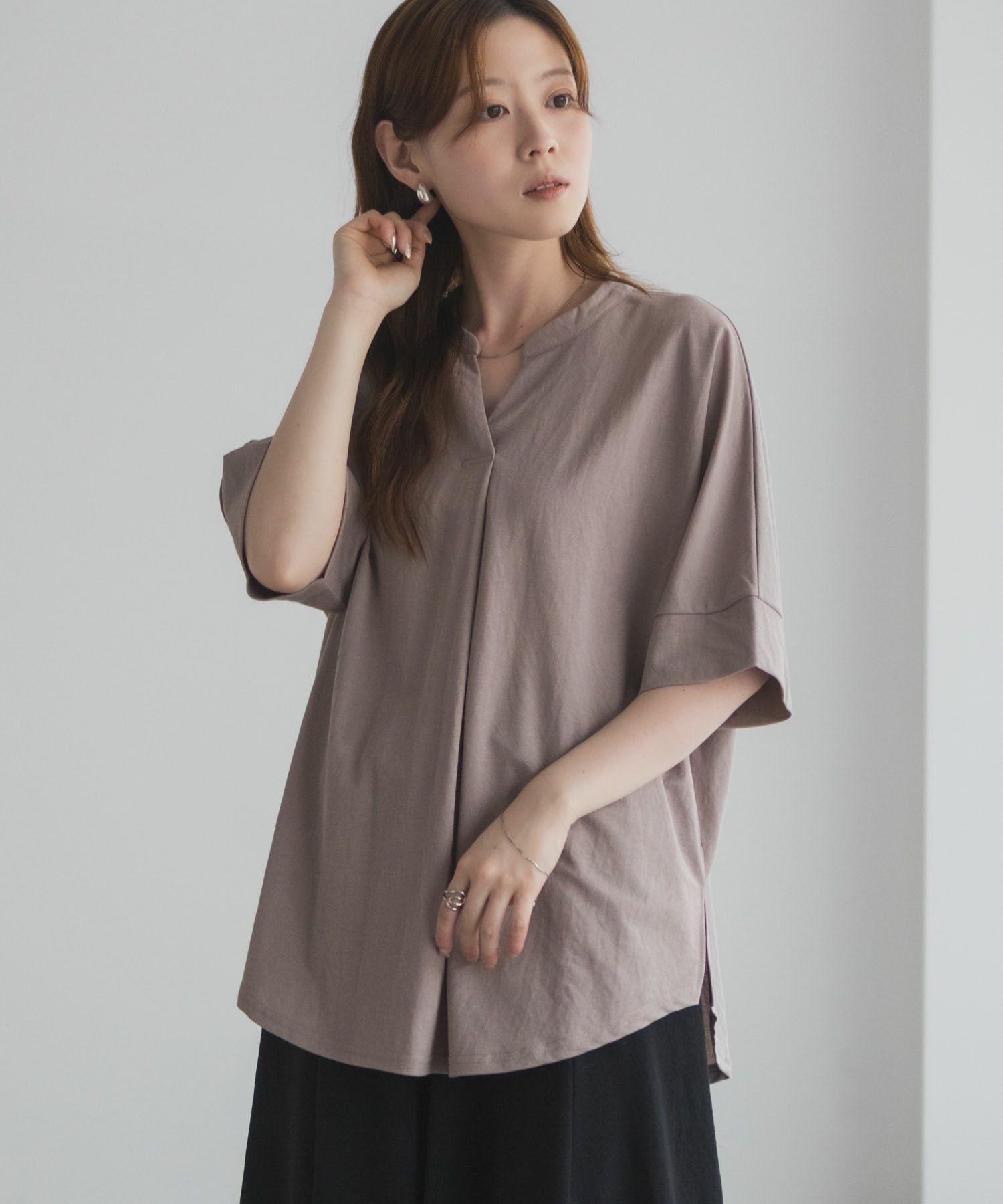 nAvy SARARI スキッパー5分袖ブラウス レディース