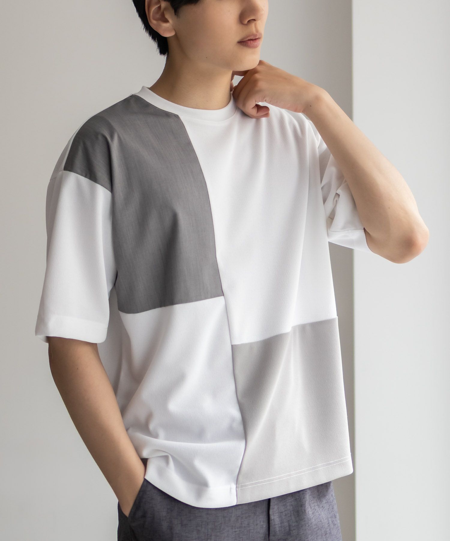 URBAN COLLECTION  カットジョーゼット 布帛パネル切替テーパードTシャツ メンズ メール便 対応商品商品サムネイル-1