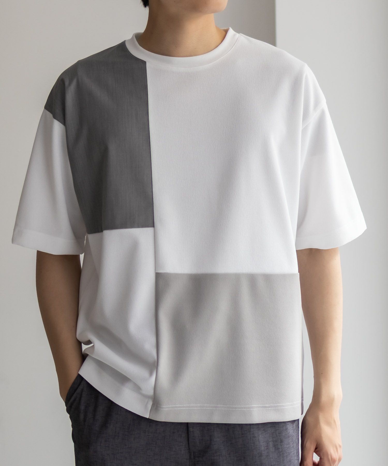 URBAN COLLECTION  カットジョーゼット 布帛パネル切替テーパードTシャツ メンズ メール便 対応商品商品画像-3