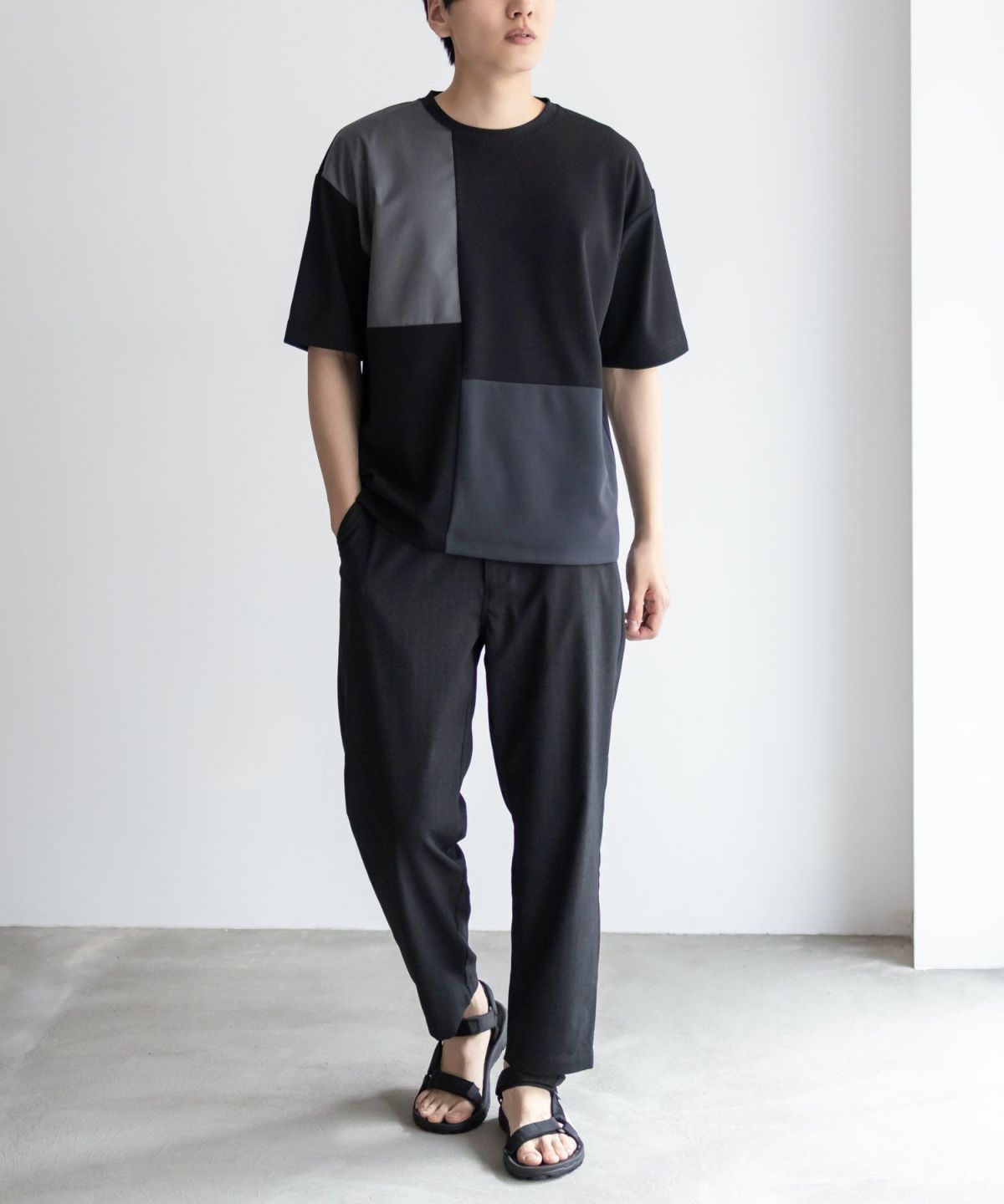 URBAN COLLECTION カットジョーゼット 布帛パネル切替テーパードTシャツ メンズ ネコポス 対応商品