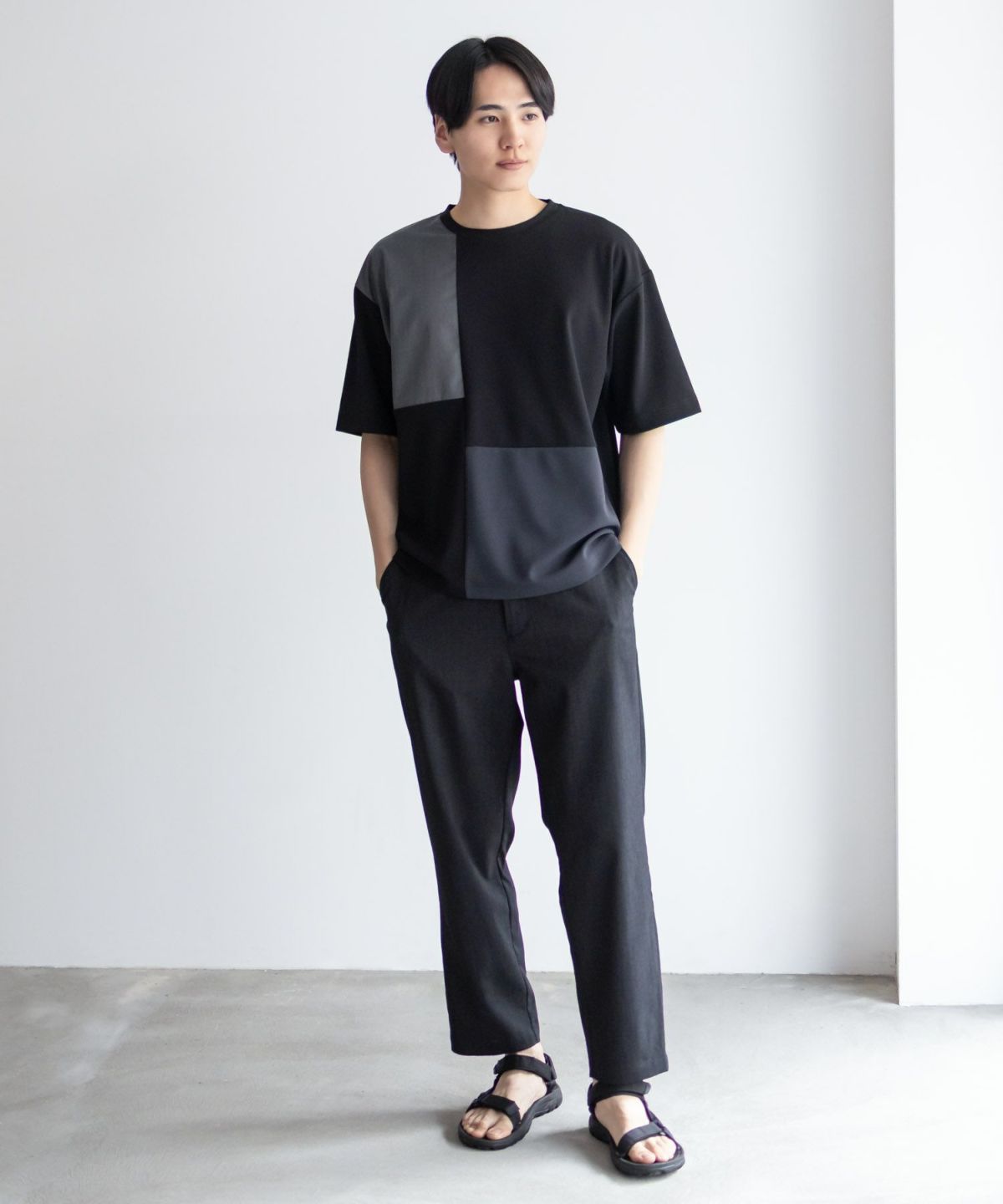 URBAN COLLECTION カットジョーゼット 布帛パネル切替テーパードTシャツ メンズ ネコポス 対応商品