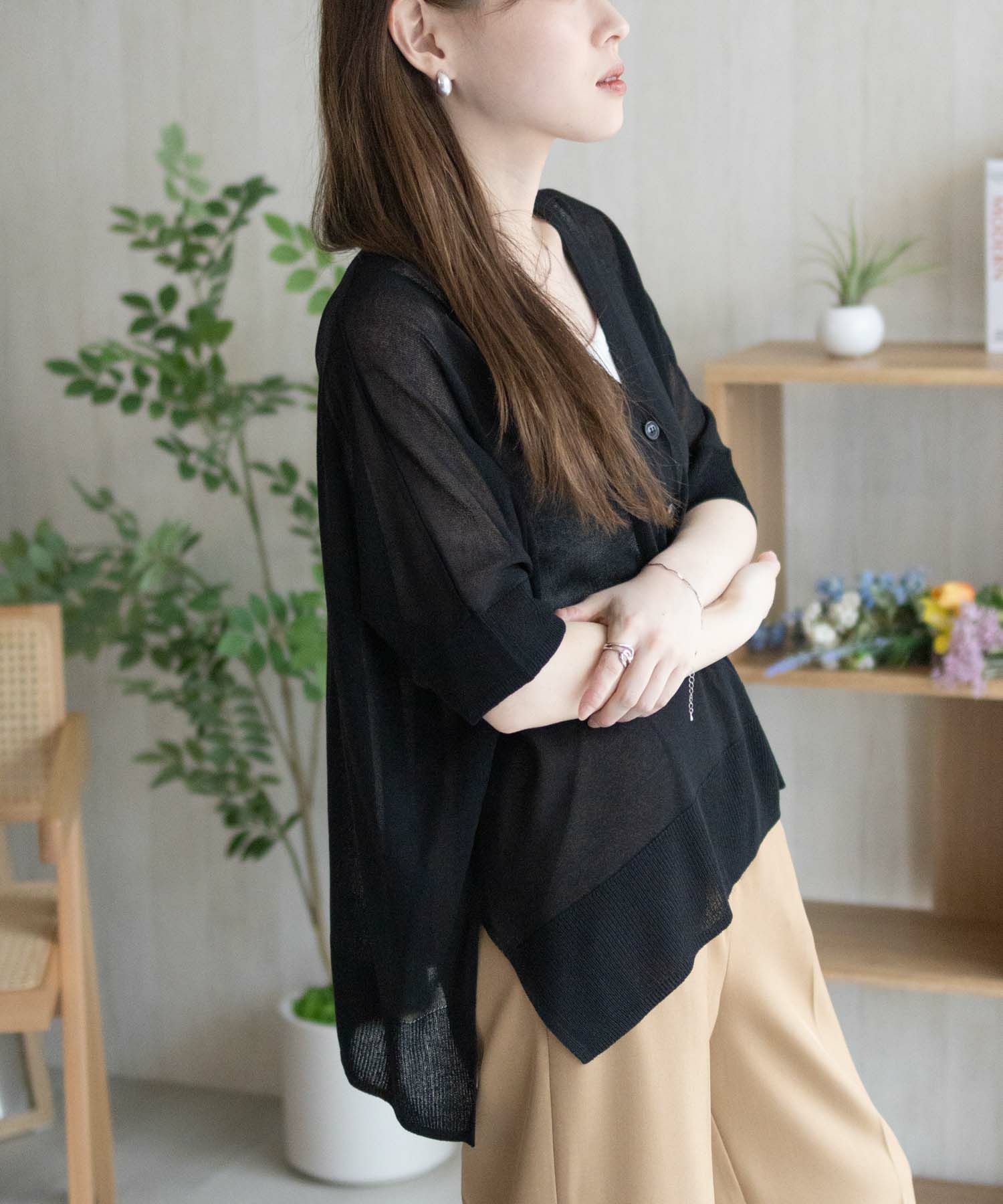 nAvy ポンチョシルエット5分袖Vネックカーディガン レディース